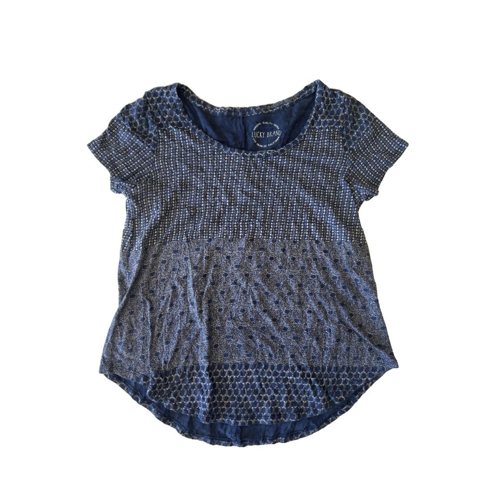 Lucky Brand Dark Blue Patterned Short Sleeve Blouse Size Medium